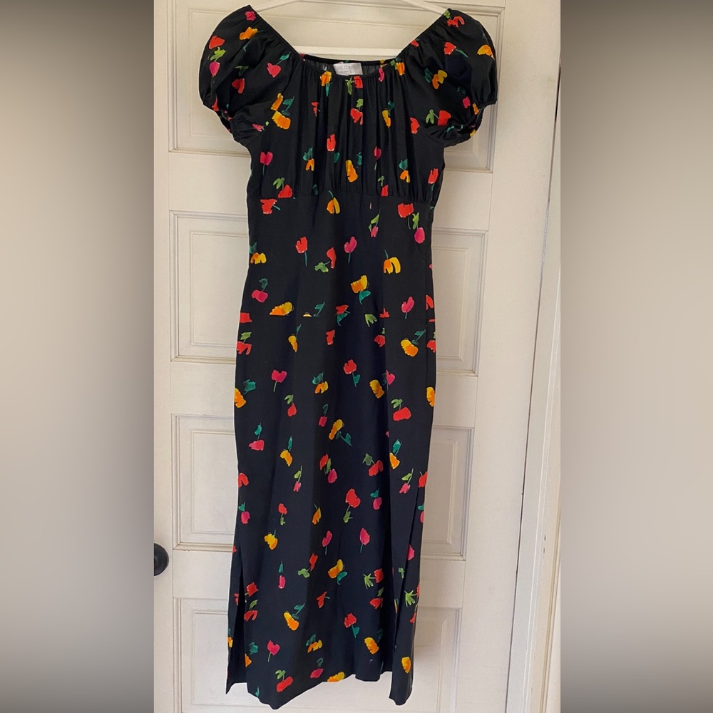 Caroline Constas Silk Floral Short Puff Sleeve Midi Dress with Ruched Bodice S